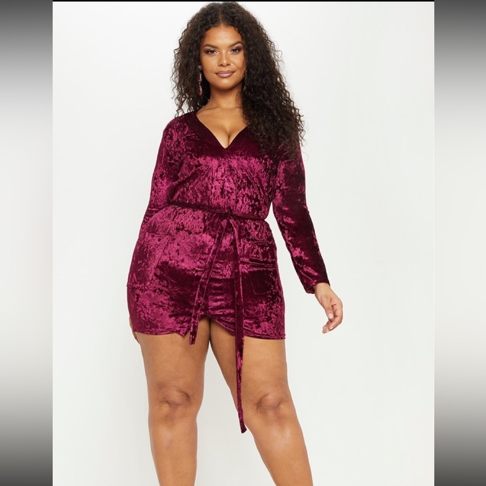 PrettyLittleThings Burgundy Tie Waist Plunge Bodycon Dress